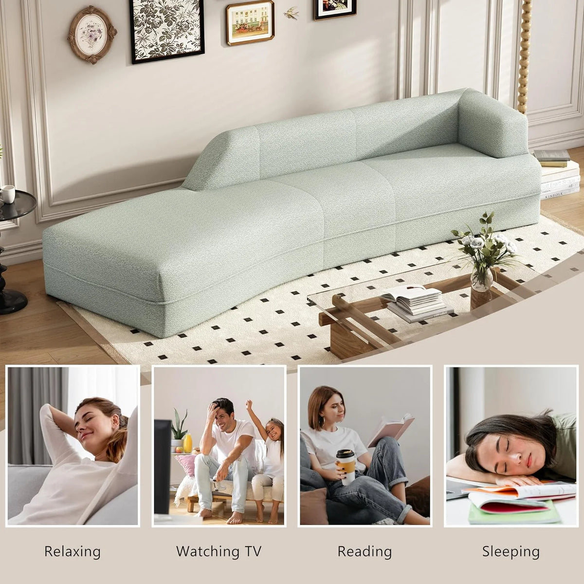109.4" Green Boucle Curved Sofa Y810