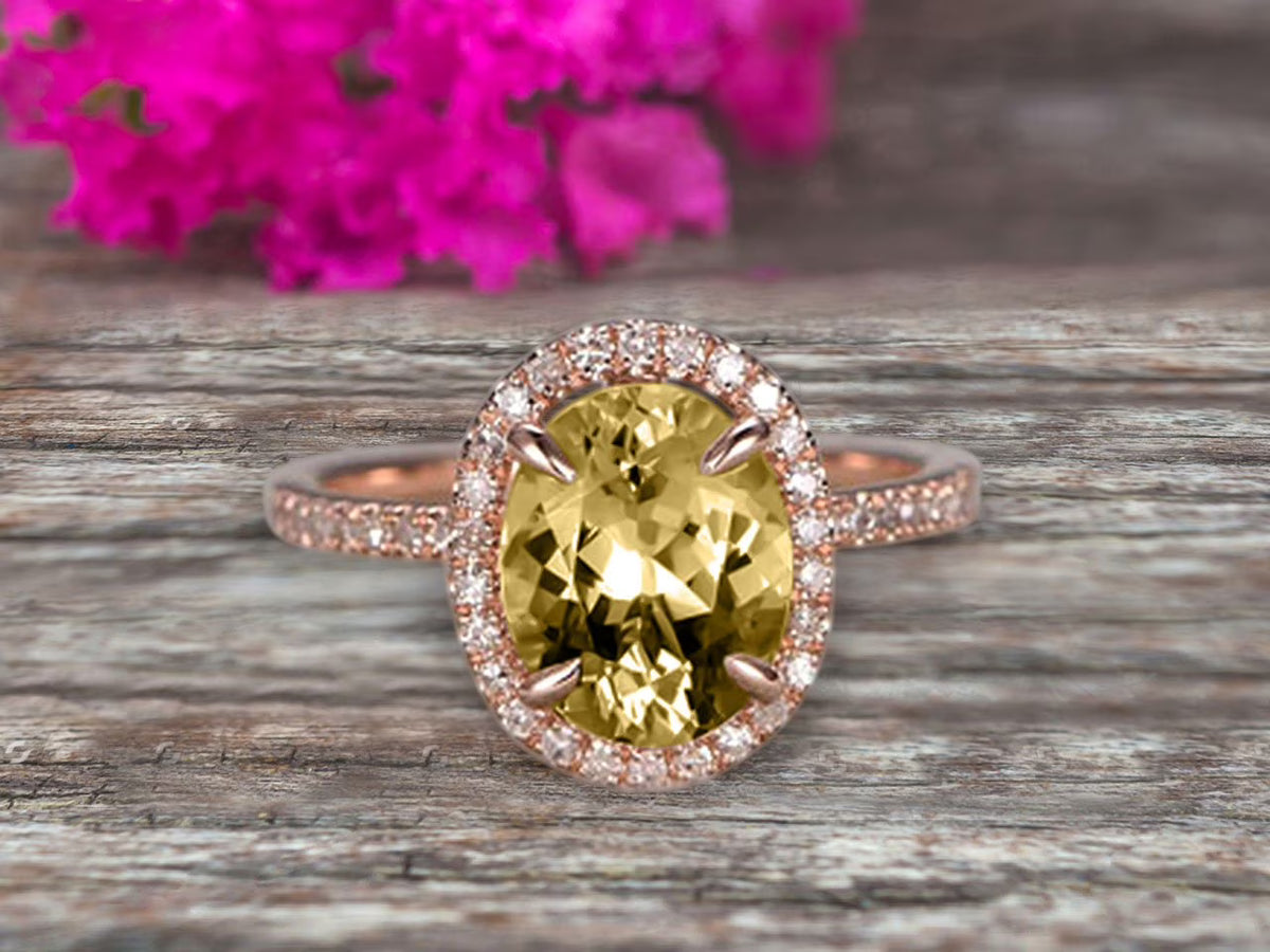 10k Rose Gold 2 Carat Champagne Diamond Moissanite Halo Engagement Ring Oval Cut G844