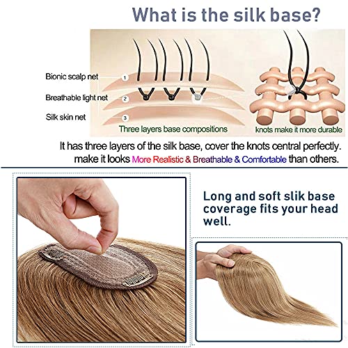 100% Real Human Hair Topper with Silk Base 3 Clips N124
