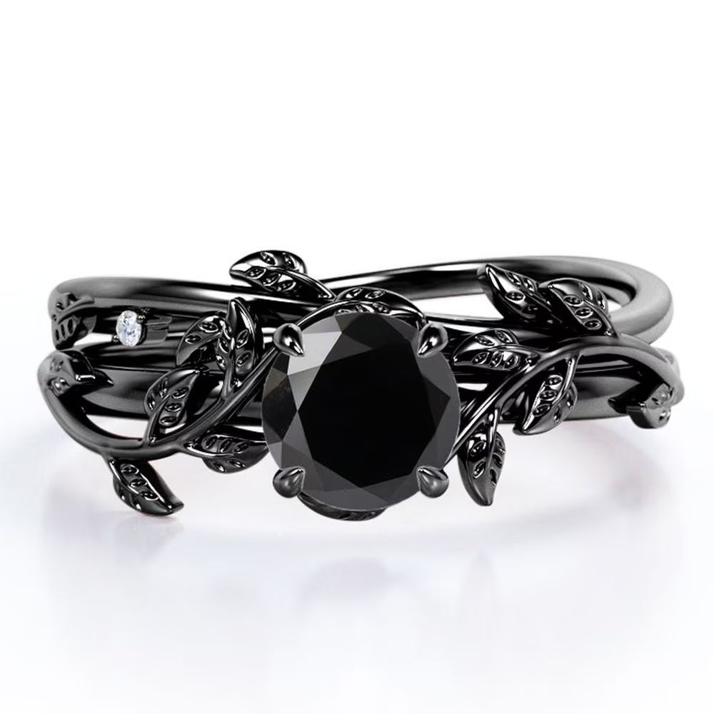 0.50 Carat Round Cut Lab Created Black Diamond Ring Set Y984
