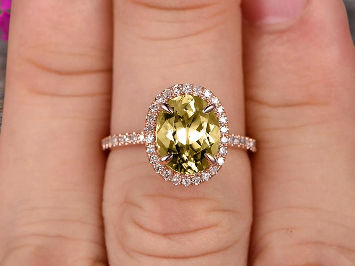 10k Rose Gold 2 Carat Champagne Diamond Moissanite Halo Engagement Ring Oval Cut G844