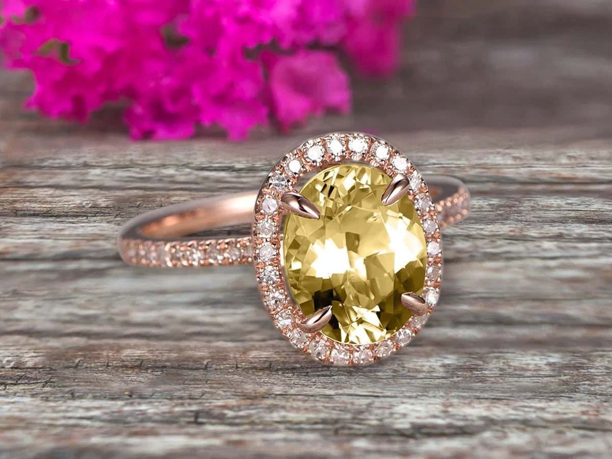 10k Rose Gold 2 Carat Champagne Diamond Moissanite Halo Engagement Ring Oval Cut G844