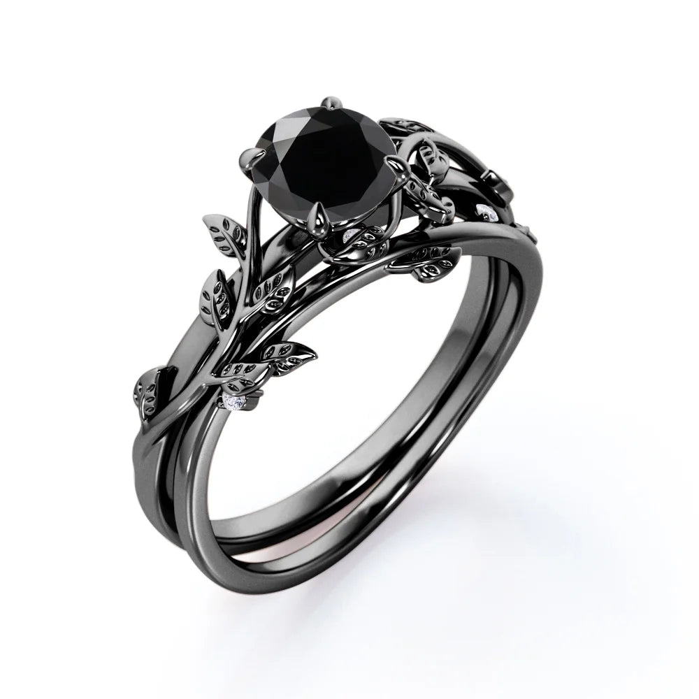 0.50 Carat Round Cut Lab Created Black Diamond Ring Set Y984